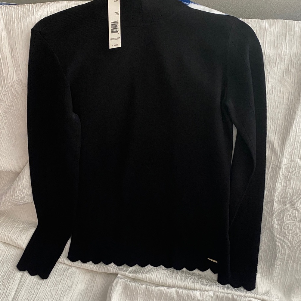 T Tahari Black Long Sleeve Top with Scalloped Hem